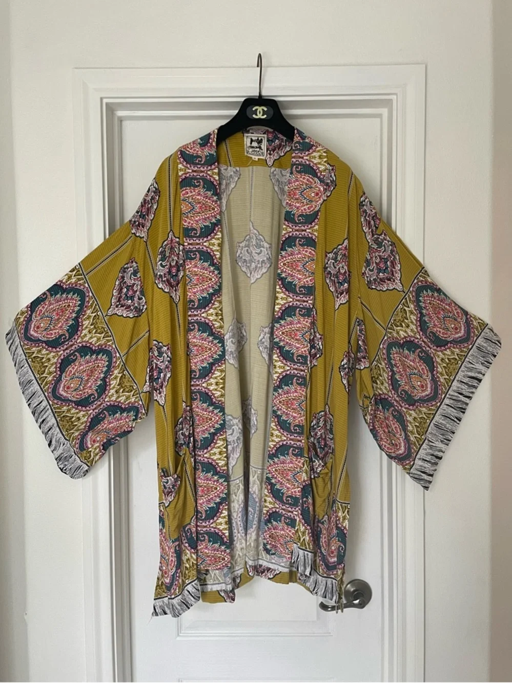 Jaase Mustard Yellow Olive Paisley Kimono Robe Cover-Up Duster M - Picture 3 of 10